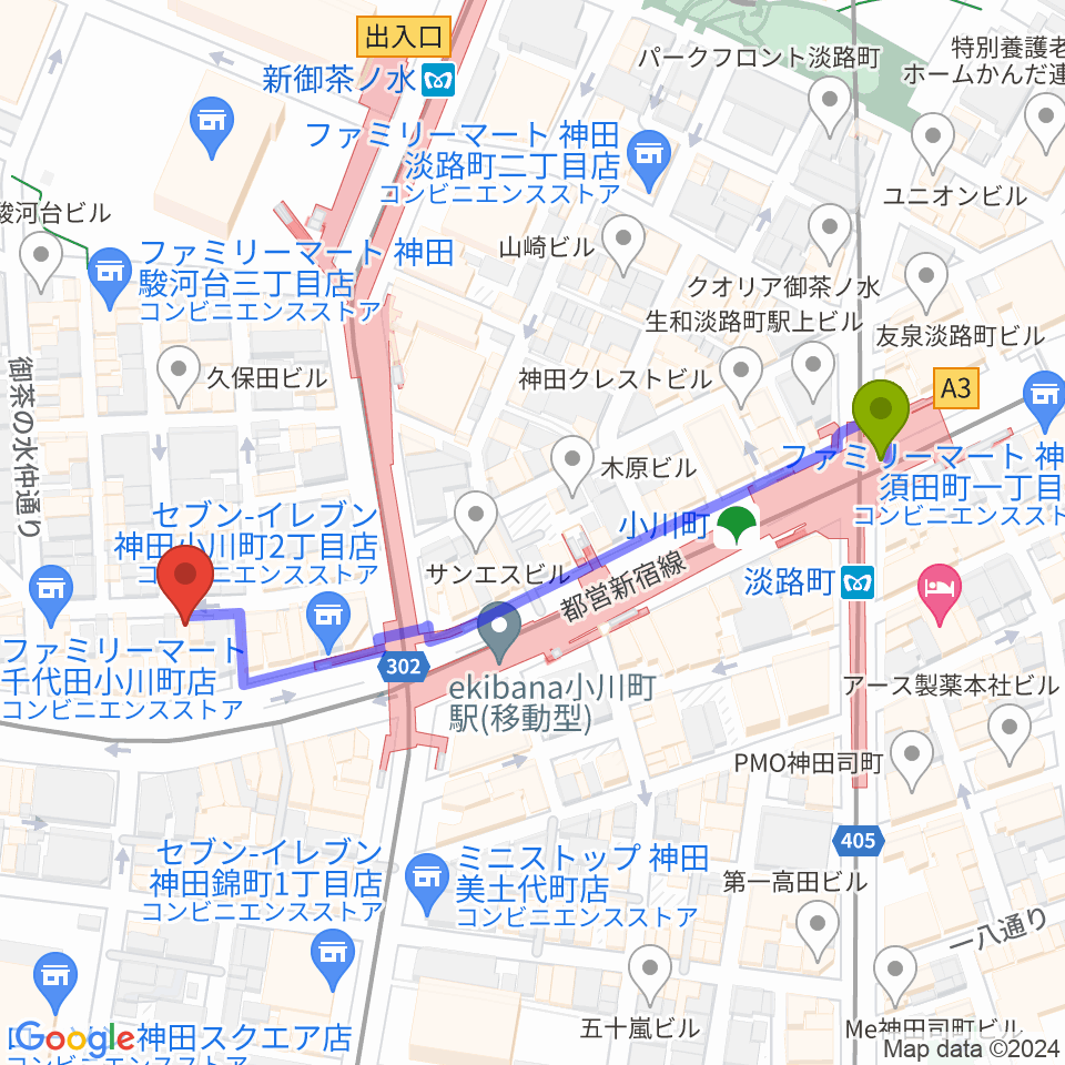 アキオ楽器の最寄駅淡路町駅からの徒歩ルート（約5分）地図