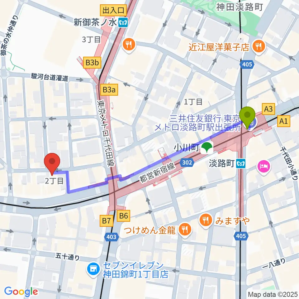 アキオ楽器の最寄駅淡路町駅からの徒歩ルート（約5分）地図
