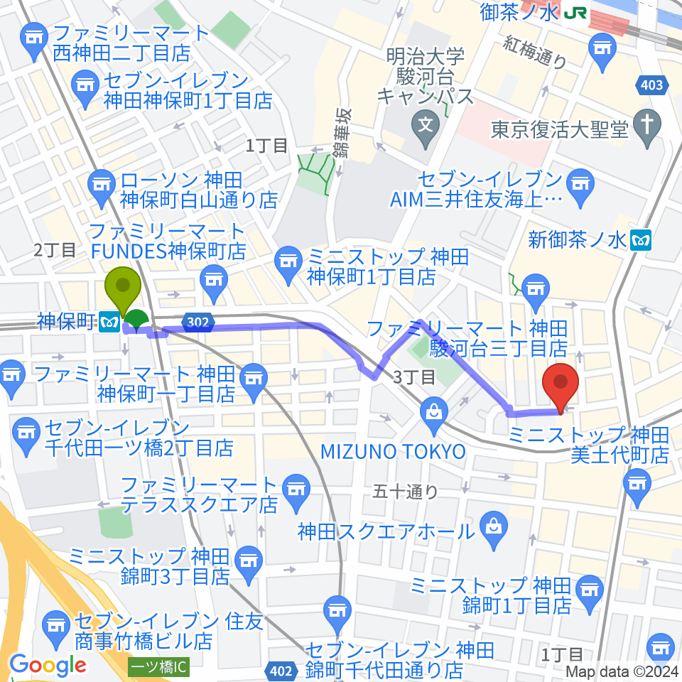 神保町駅からアキオ楽器へのルートマップ地図