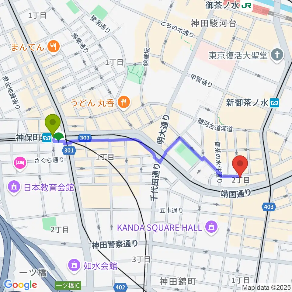神保町駅からアキオ楽器へのルートマップ地図