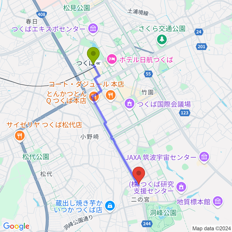 トニカ音楽院の最寄駅つくば駅からの徒歩ルート（約34分）地図