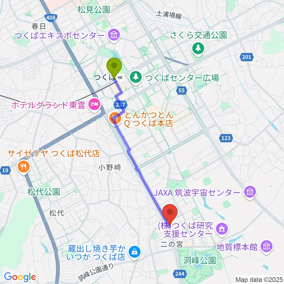 トニカ音楽院の最寄駅つくば駅からの徒歩ルート（約34分）地図