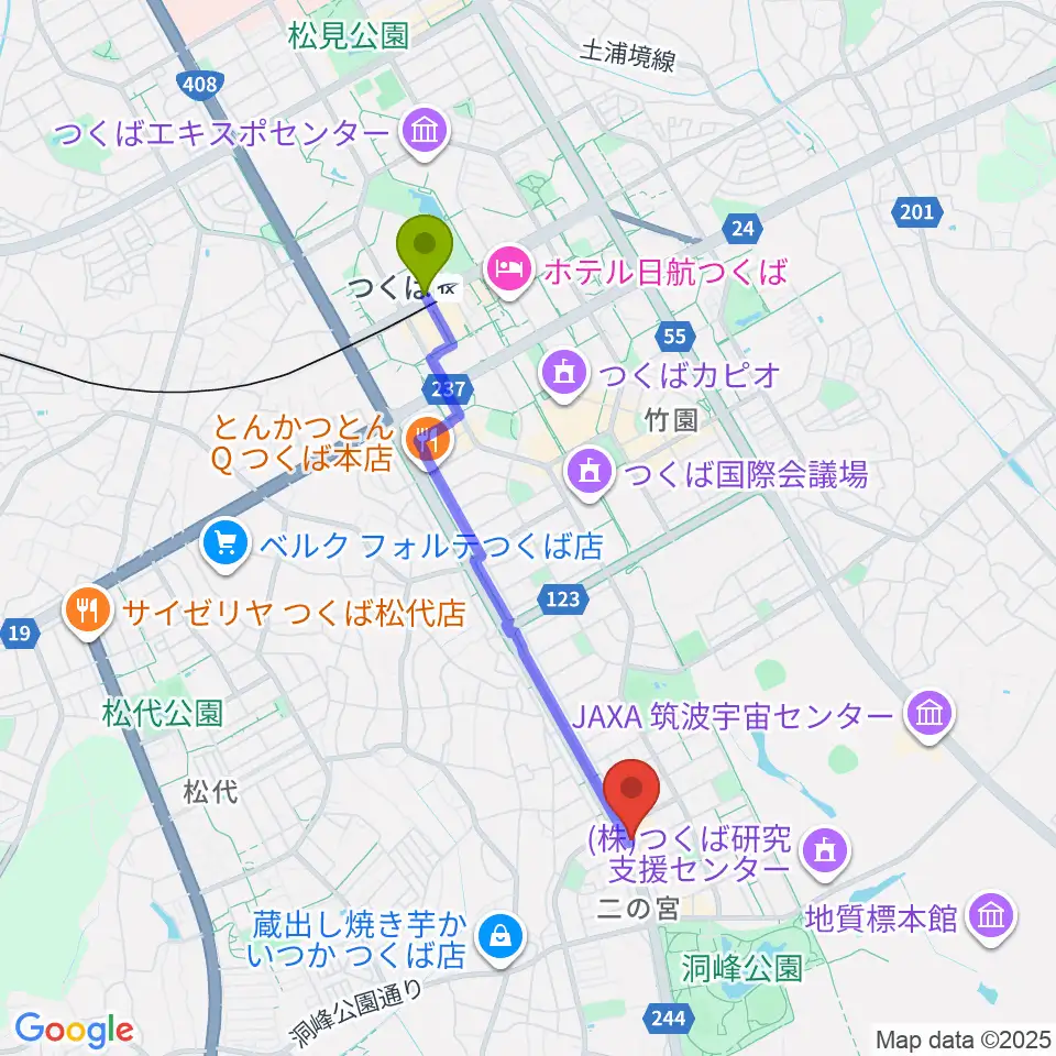 トニカ音楽院の最寄駅つくば駅からの徒歩ルート（約34分）地図