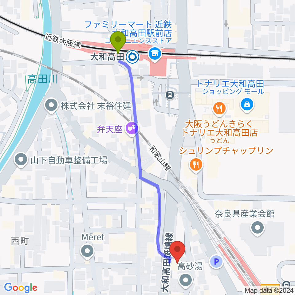 大和高田駅からMusic Salon Nakagawaへのルートマップ地図