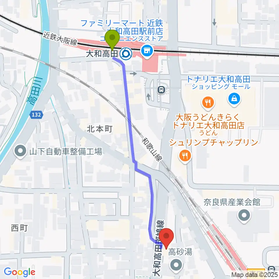 大和高田駅からMusic Salon Nakagawaへのルートマップ地図