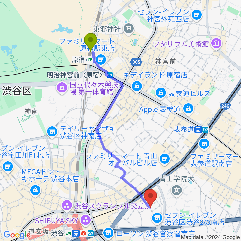 原宿駅からBlue-Gへのルートマップ地図