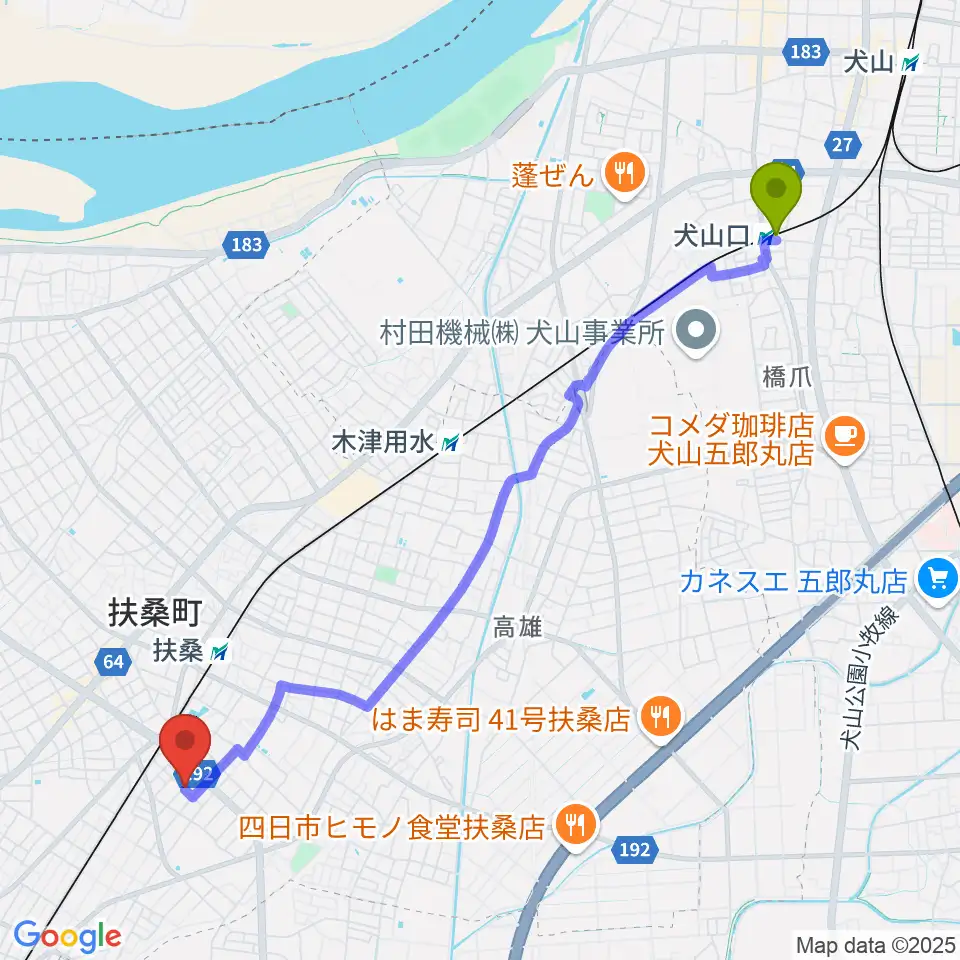 犬山口駅からコイケ音楽教室へのルートマップ地図