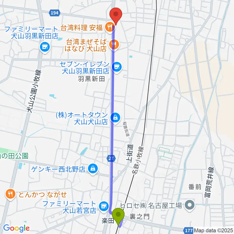 楽田駅から睦美音楽センターへのルートマップ地図
