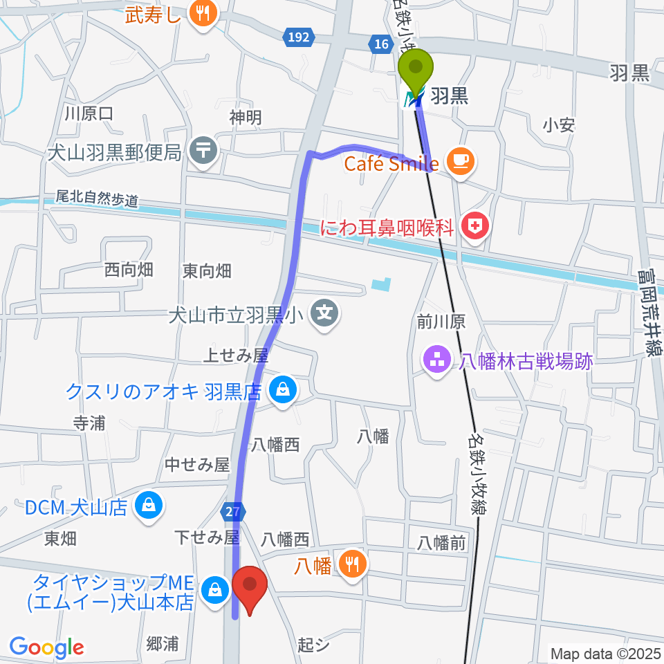 睦美音楽センターの最寄駅羽黒駅からの徒歩ルート（約13分）地図