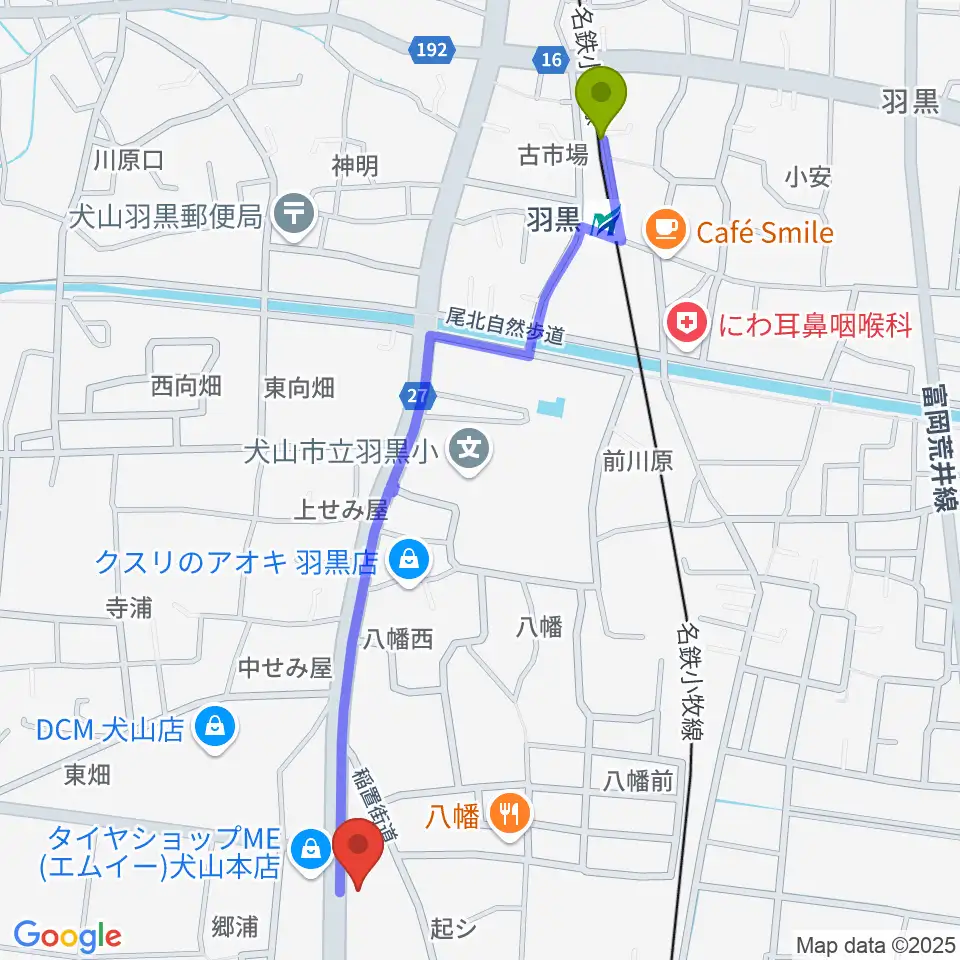 睦美音楽センターの最寄駅羽黒駅からの徒歩ルート（約13分）地図