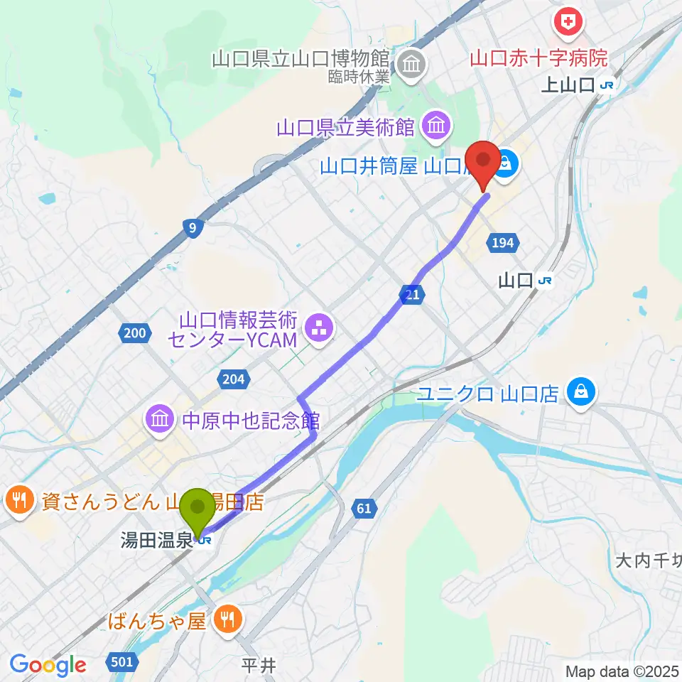 湯田温泉駅から三好屋楽器 山口センターへのルートマップ地図