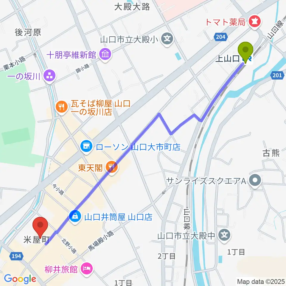 上山口駅から三好屋楽器 山口センターへのルートマップ地図