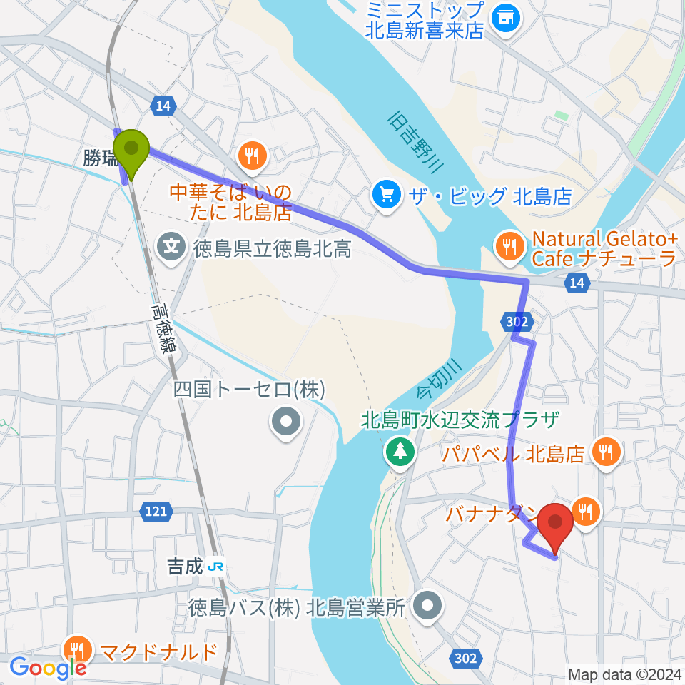 勝瑞駅からドライブギターズへのルートマップ地図