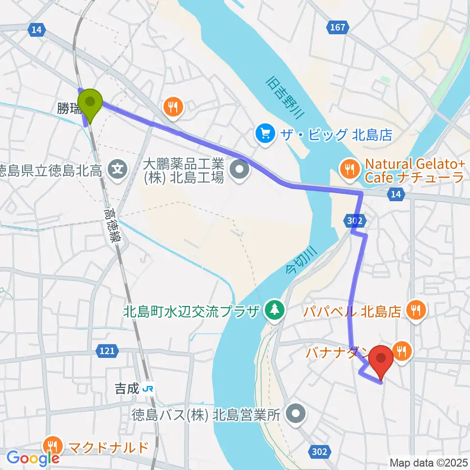 勝瑞駅からドライブギターズへのルートマップ地図