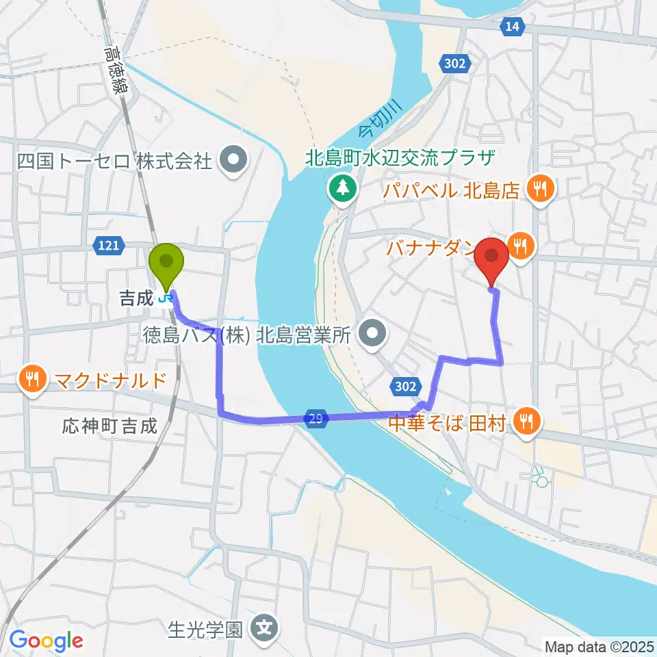 ドライブギターズの最寄駅吉成駅からの徒歩ルート（約16分）地図