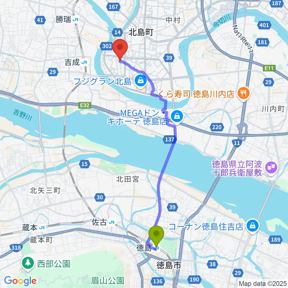 徳島駅からドライブギターズへのルートマップ地図