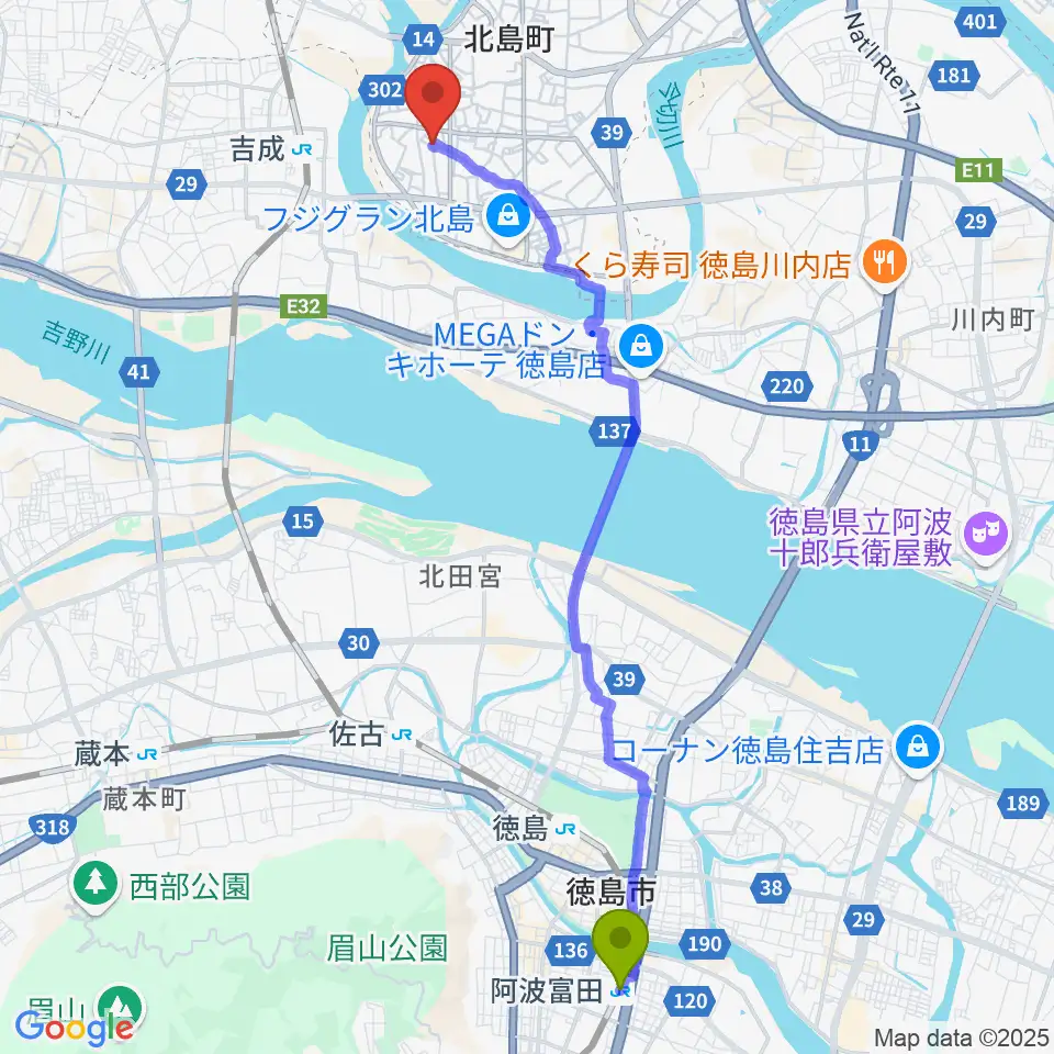 阿波富田駅からドライブギターズへのルートマップ地図