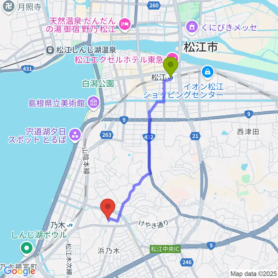 松江駅からアイミュージックスクールへのルートマップ地図