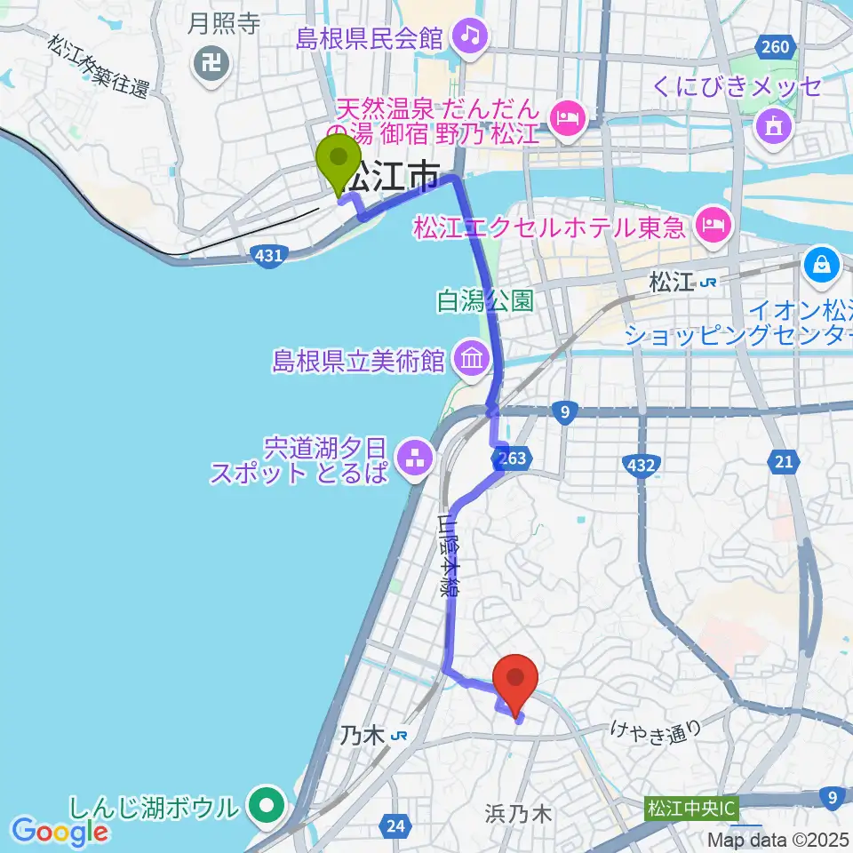 松江しんじ湖温泉駅からアイミュージックスクールへのルートマップ地図