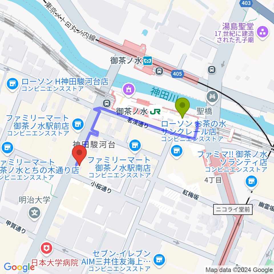 下倉楽器お茶の水本店の最寄駅御茶ノ水駅からの徒歩ルート（約3分）地図