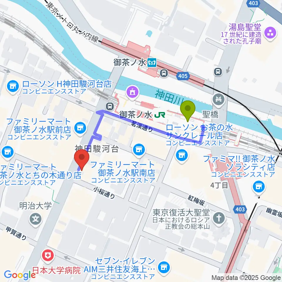 下倉楽器お茶の水本店の最寄駅御茶ノ水駅からの徒歩ルート（約3分）地図