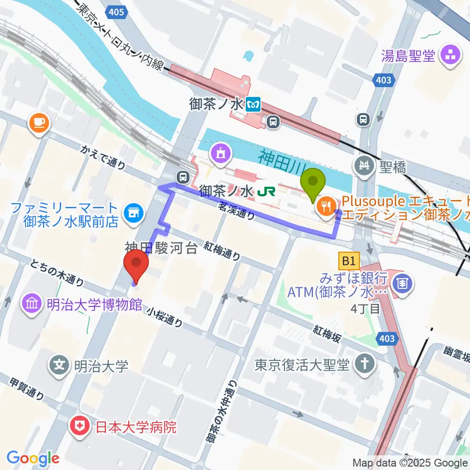 下倉楽器お茶の水本店の最寄駅御茶ノ水駅からの徒歩ルート（約3分）地図