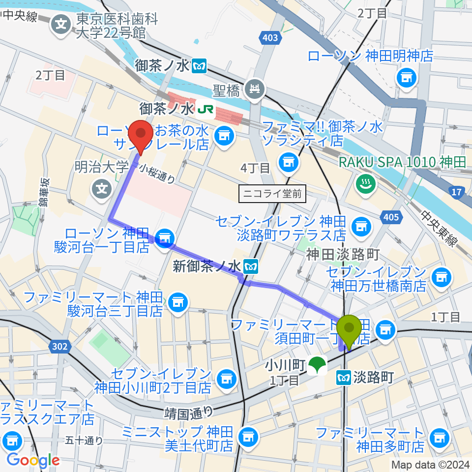 淡路町駅から下倉楽器お茶の水本店へのルートマップ地図