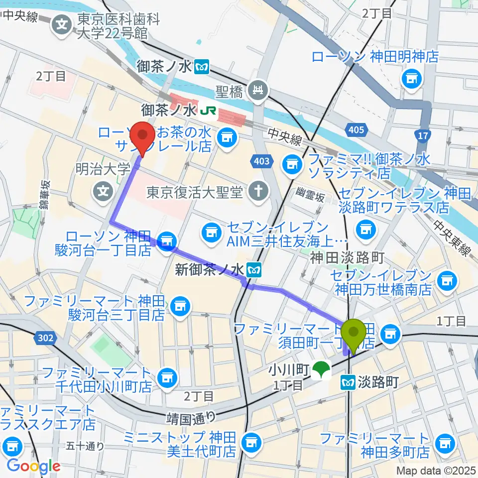 淡路町駅から下倉楽器お茶の水本店へのルートマップ地図