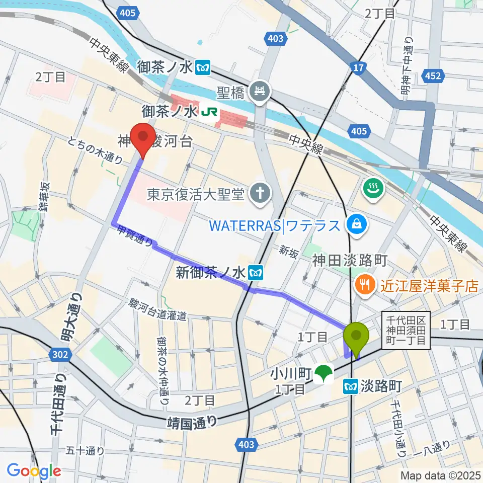 淡路町駅から下倉楽器お茶の水本店へのルートマップ地図