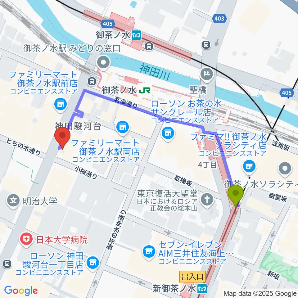 新御茶ノ水駅から下倉楽器お茶の水本店へのルートマップ地図