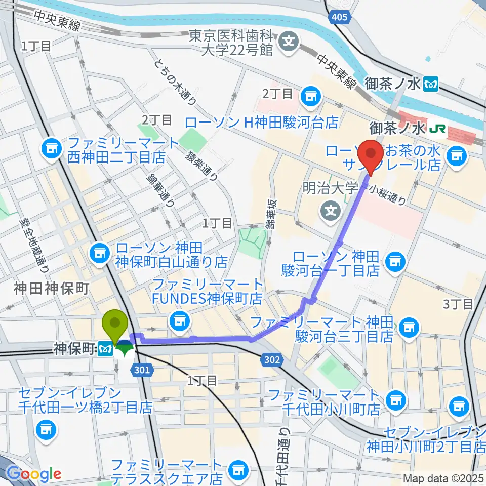 神保町駅から下倉楽器お茶の水本店へのルートマップ地図