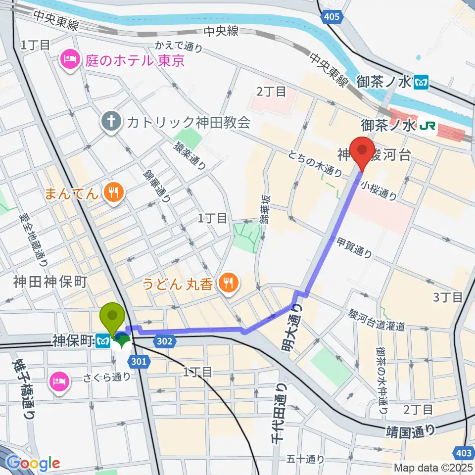 神保町駅から下倉楽器お茶の水本店へのルートマップ地図