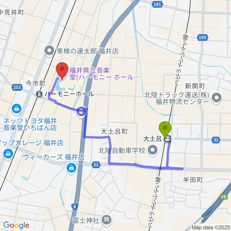 大土呂駅からハーモニーホールふくい 福井県立音楽堂へのルートマップ地図