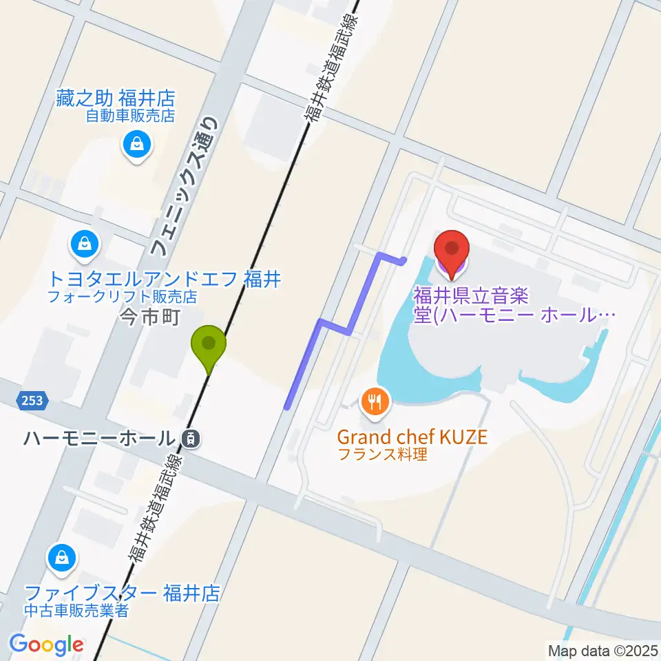 ハーモニーホールふくい 福井県立音楽堂の最寄駅ハーモニーホール駅からの徒歩ルート（約3分）地図