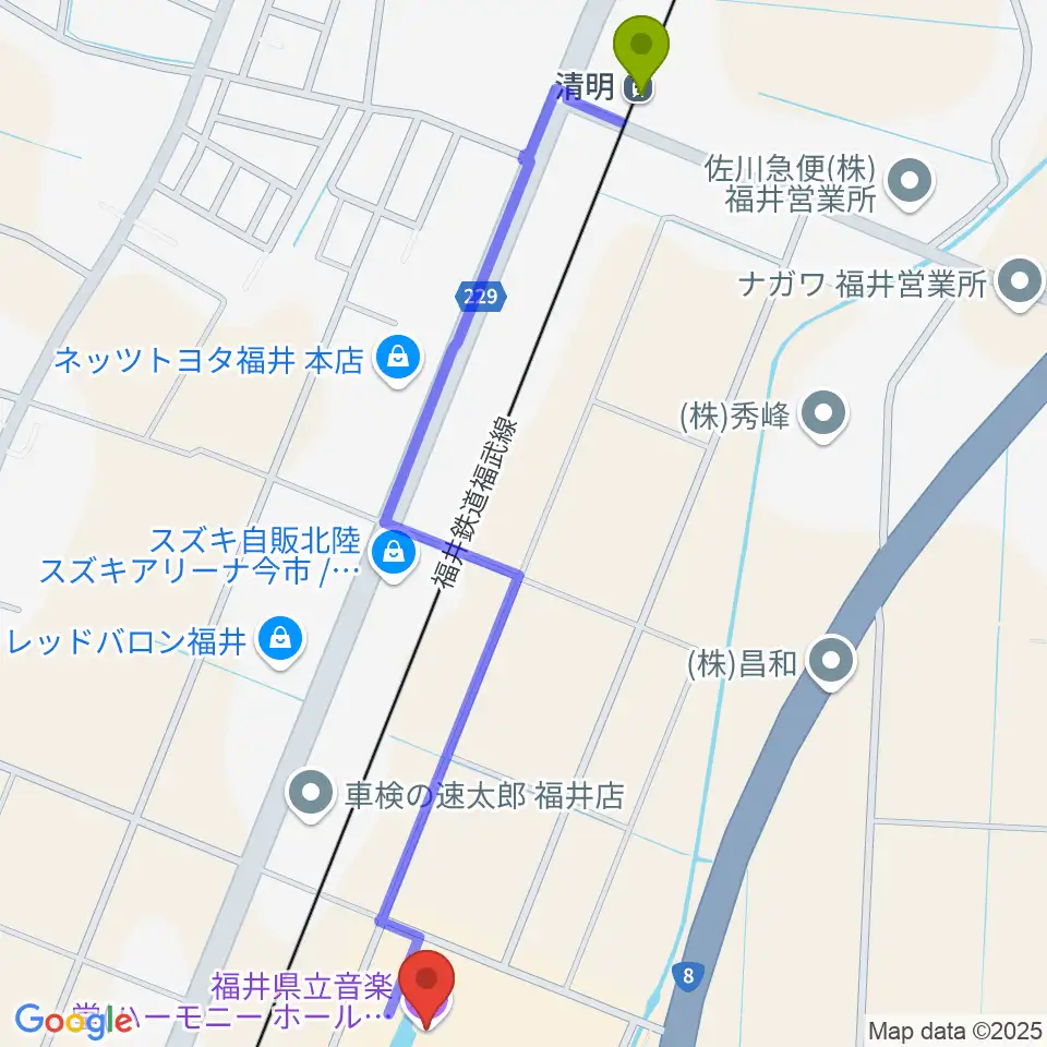 清明駅からハーモニーホールふくい 福井県立音楽堂へのルートマップ地図