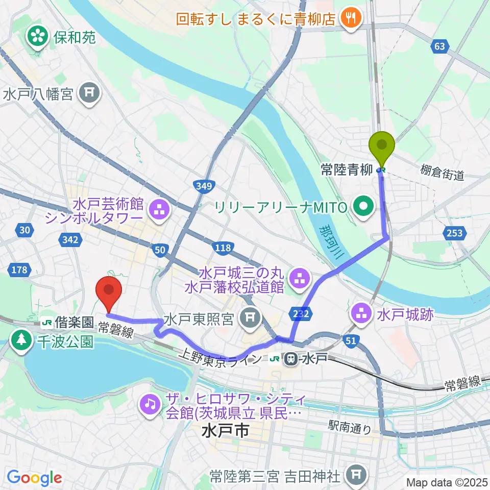 常陸青柳駅から小野ピアノ教室へのルートマップ地図