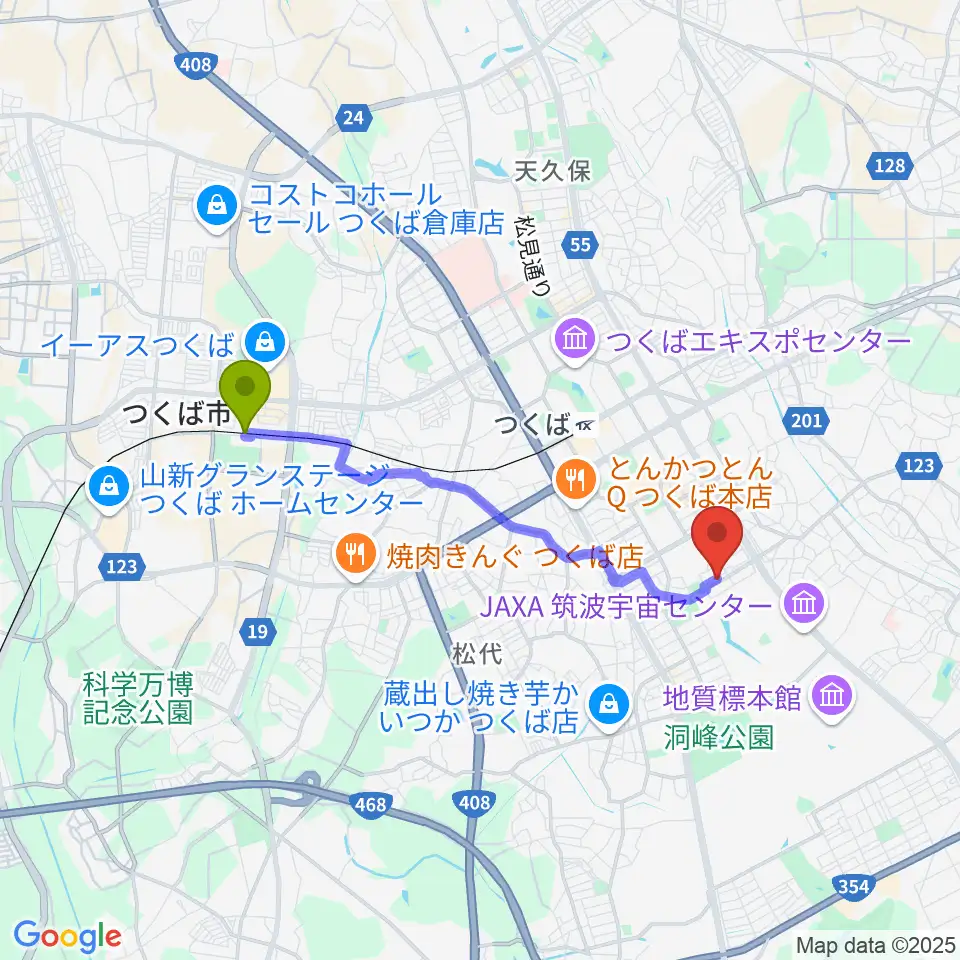 研究学園駅からアトリエ・ドゥ・ダルクローズへのルートマップ地図