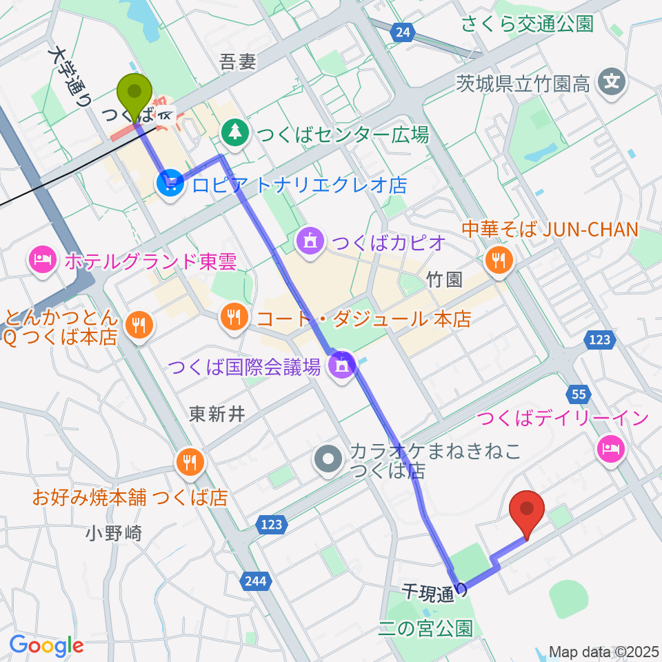 アトリエ・ドゥ・ダルクローズの最寄駅つくば駅からの徒歩ルート（約27分）地図