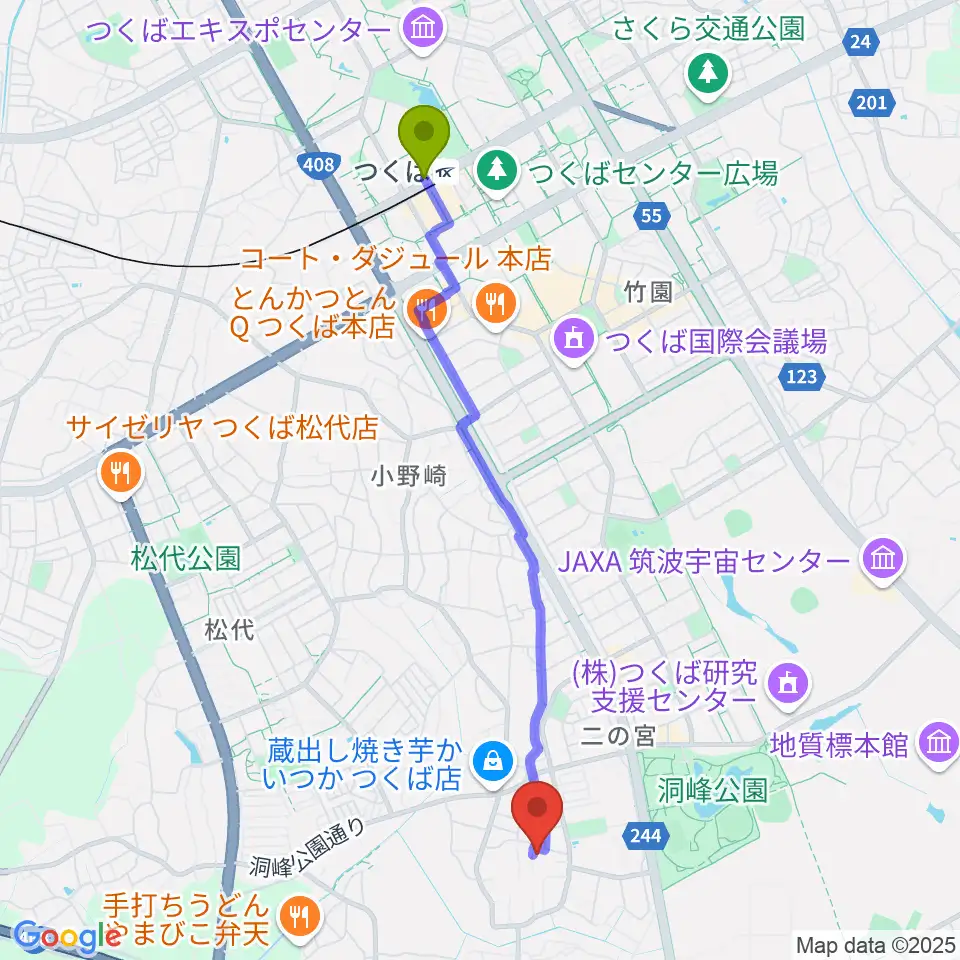 しょうじ音楽教室の最寄駅つくば駅からの徒歩ルート（約44分）地図