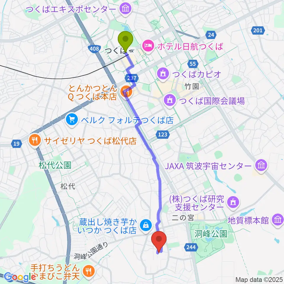 しょうじ音楽教室の最寄駅つくば駅からの徒歩ルート（約44分）地図