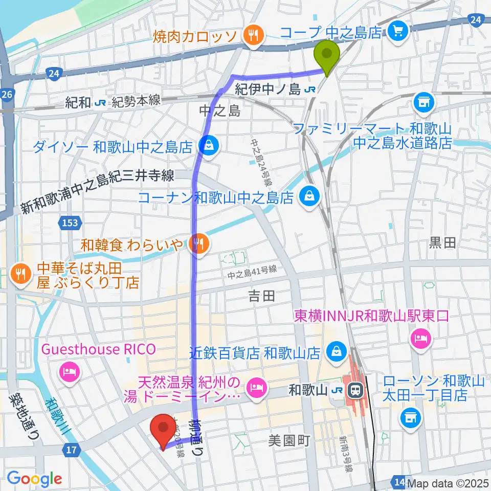紀伊中ノ島駅からフルート教室フォルテへのルートマップ地図