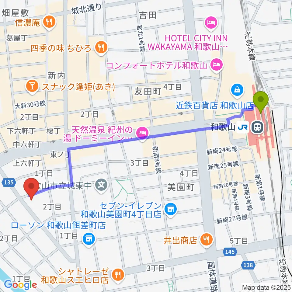 フルート教室フォルテの最寄駅和歌山駅からの徒歩ルート（約13分）地図