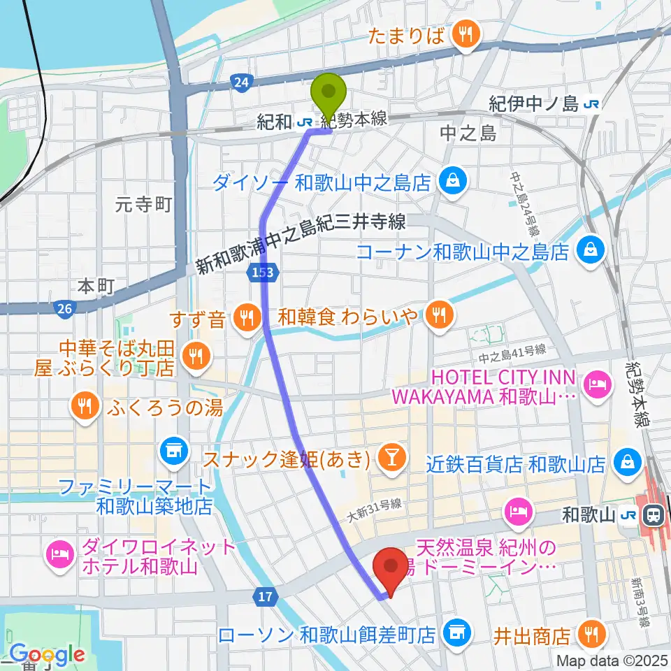 紀和駅からフルート教室フォルテへのルートマップ地図