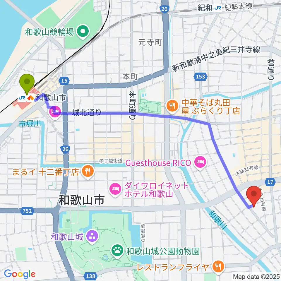 和歌山市駅からフルート教室フォルテへのルートマップ地図