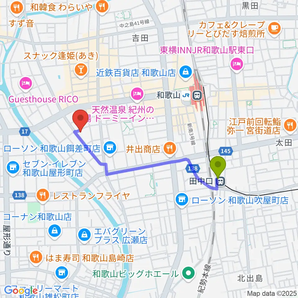 田中口駅からフルート教室フォルテへのルートマップ地図