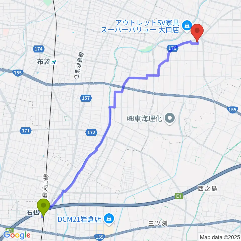 石仏駅からおおもり音楽教室へのルートマップ地図