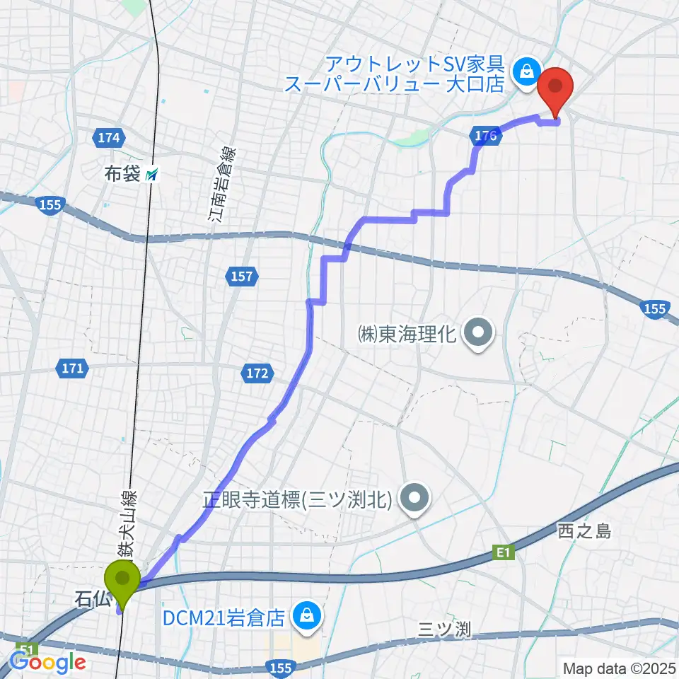 石仏駅からおおもり音楽教室へのルートマップ地図
