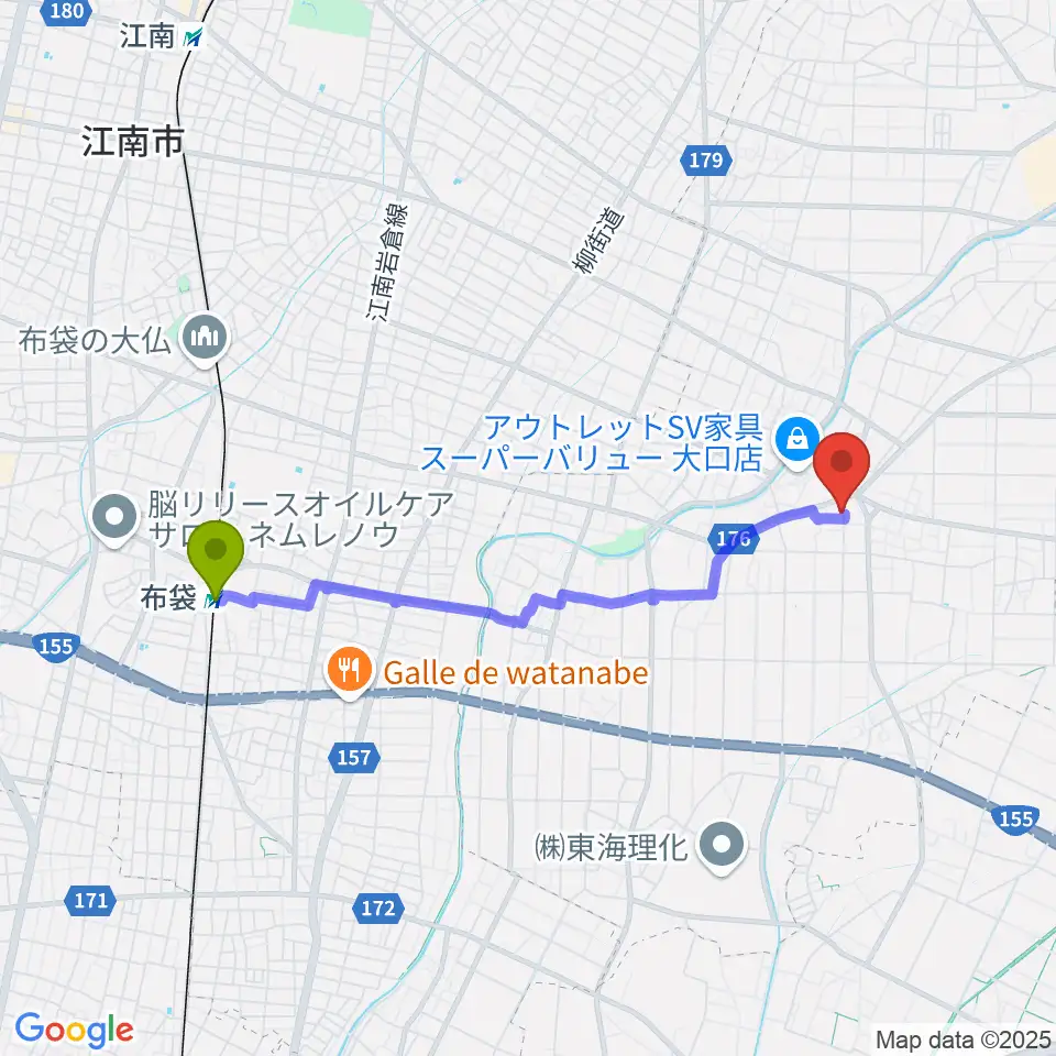 おおもり音楽教室の最寄駅布袋駅からの徒歩ルート（約37分）地図