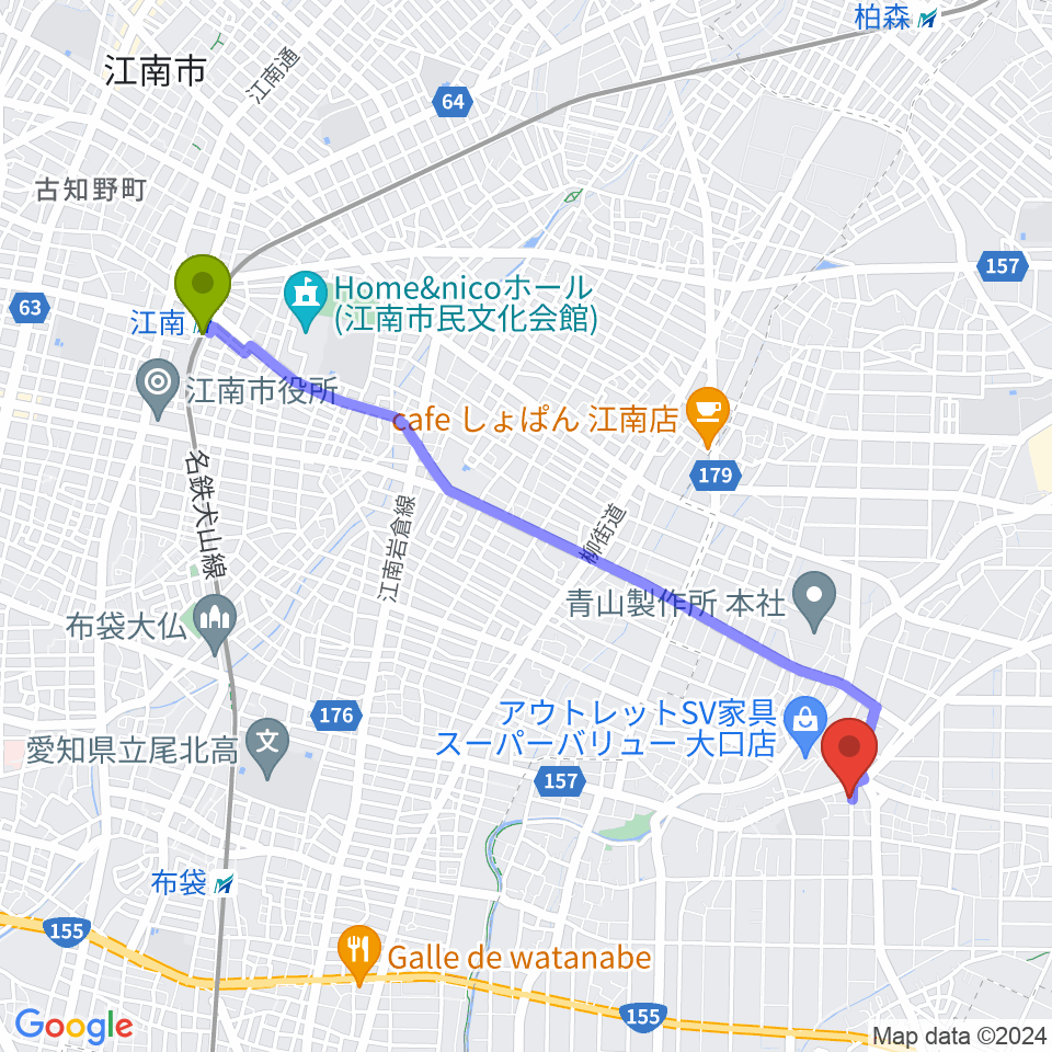 江南駅からおおもり音楽教室へのルートマップ地図