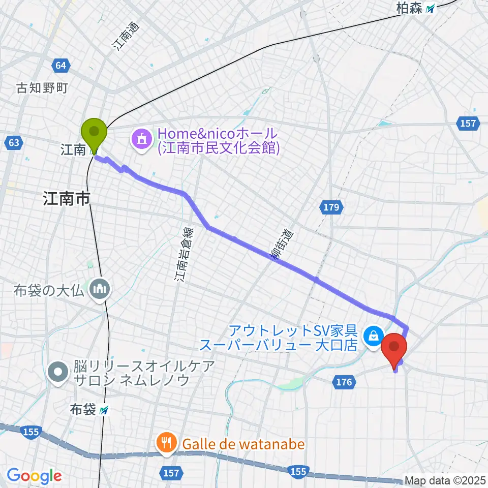 江南駅からおおもり音楽教室へのルートマップ地図